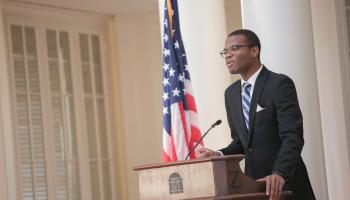 ered Cooper, a third-year student and government major, presents his winning speech. (Photo by Drew Precious)