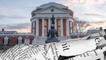 UVA Rotunda and Jefferson Statue with crumpled newspaper