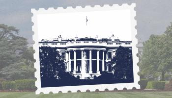 Illustration of the White House imposed on a postage stamp background