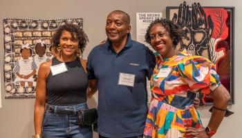 Cedric Rucker, interim senior associate vice president of student affairs and dean of students, poses for a photo with two of the contributing artists, Tobiah Mundt, left; and UVA professor Lisa Woolfork, right. 