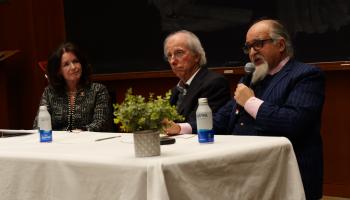 Left to right: A&S Dean Christa Acampora and former U.S. ambassador Dennis Ross listen to Ghaith al-Omari, former executive director of the American Task Force on Palestine, speak.
