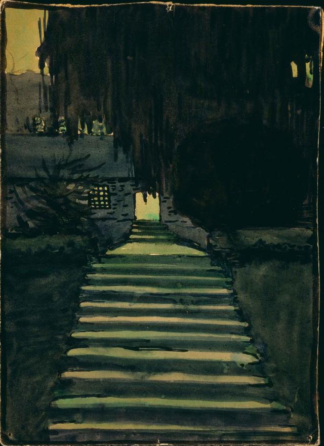 A view of the approach to the West Lawn. Untitled (West Lawn - University of Virginia), 1912-1914, Georgia O’Keeffe, Watercolor on paper
9 x 11 7/8 (22.86 x 30.16)