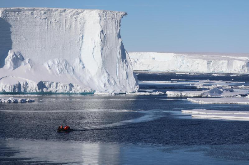 A Kodiak-style boat provides some perspective as to the scale of the Thwaites Glacier. (Photo by Linda Welzenbach, Rice University)