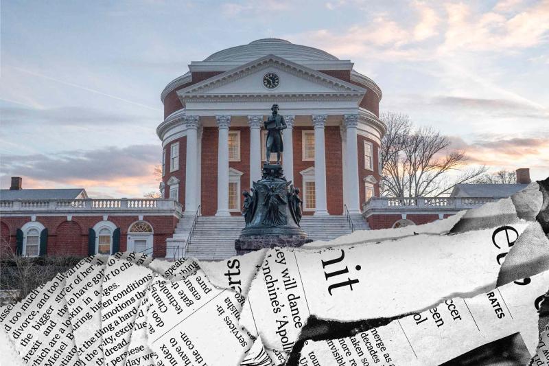 UVA Rotunda and Jefferson Statue with crumpled newspaper