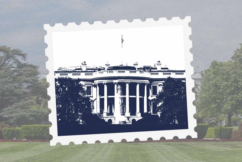 Illustration of the White House imposed on a postage stamp background
