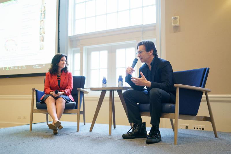 Arts & Sciences Dean Christa Acampora discusses the importance of developing a sense of belonging with Stanford University social psychologist Geoffrey Cohen at UVA's "Inclusive Futures" conference.