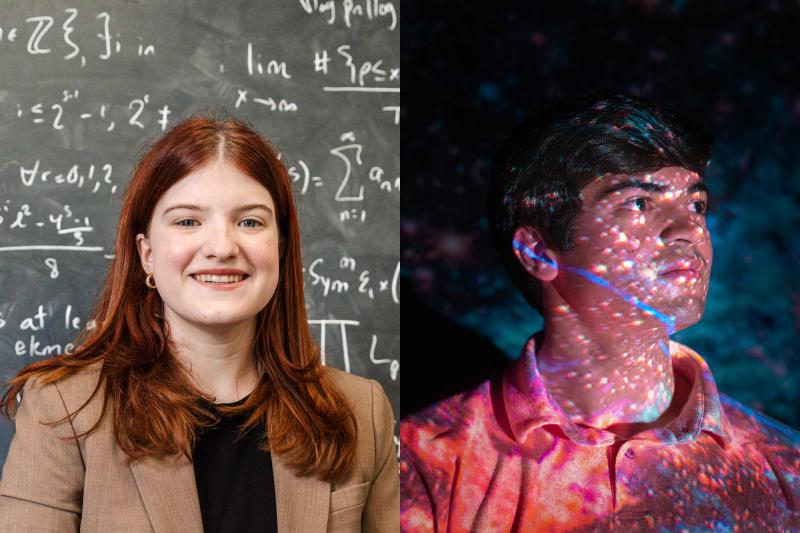 Goldwater Scholars Catherine Cossaboom, left, is investigating the arithmetic statistical interactions between sets of restricted partitions, while Samuel Crowe works with data of a massive star-forming region in the galactic center of the Milky Way galaxy.