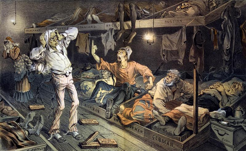 “Uncle Sam’s Lodging House,” from 1882, was produced by Everett (last name unknown), a caricature artist.