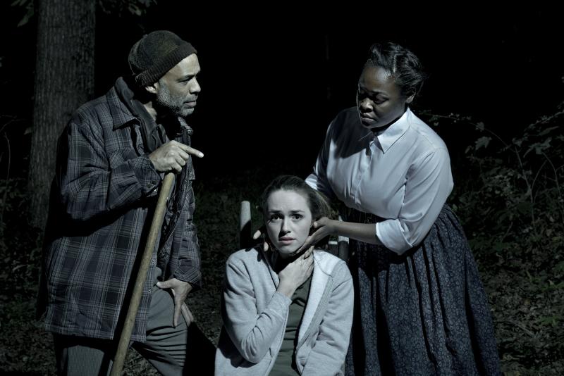 Determined to help distraught newcomer Benny Pride (Madeleine Lawson, center), grave digger Jeremiah (Richard Cooper, left) and preacher Mother Sister (Angelica Jackson, right) set out to help Benny find her voice in the U.Va. Department of Drama’s production of “Every Tongue Confess.”