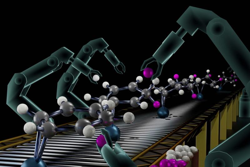 Futuristic assembly line in which benzene is adorned by hydrogens (white) or deuteriums (pink), literally one atom at a time.