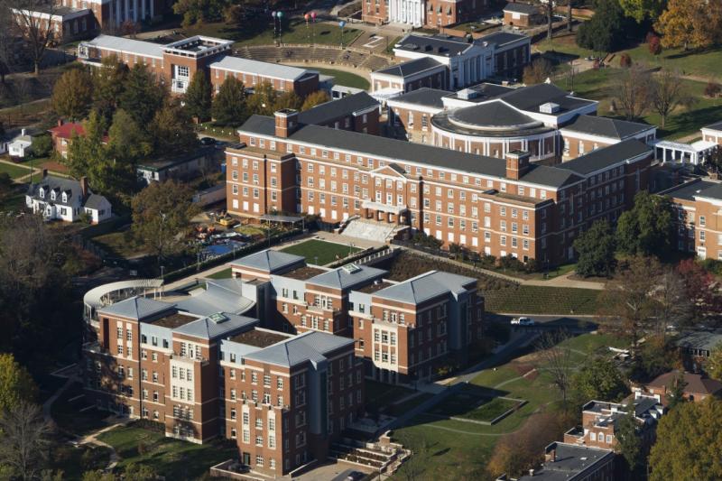 Aerial view of the South Lawn Complex, New and Old Cabell Hall, and adjacent buildings