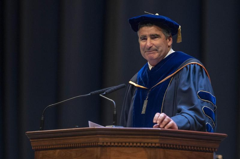Thomas Katsouleas, UVA’s executive vice president and provost, urged students to push beyond their classroom education to seek meaning and happiness in their lives.