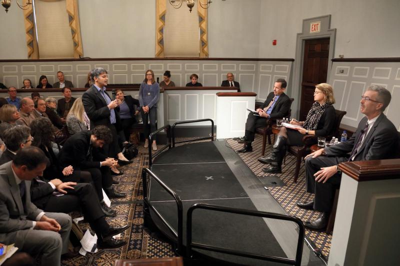 UVA Vice Provost for Global Affairs Stephen Mull moderated a panel with litigator Kara Brockmeyer and economic adviser Philip Keefer at the launch of the Democracy Initiative's corruption lab.