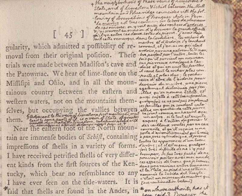 On this page from the section on minerals, animals and plants, Jefferson filled the margins with notes in French from Pierre Bouguer, an 18th-century astronomer and geophysicist.