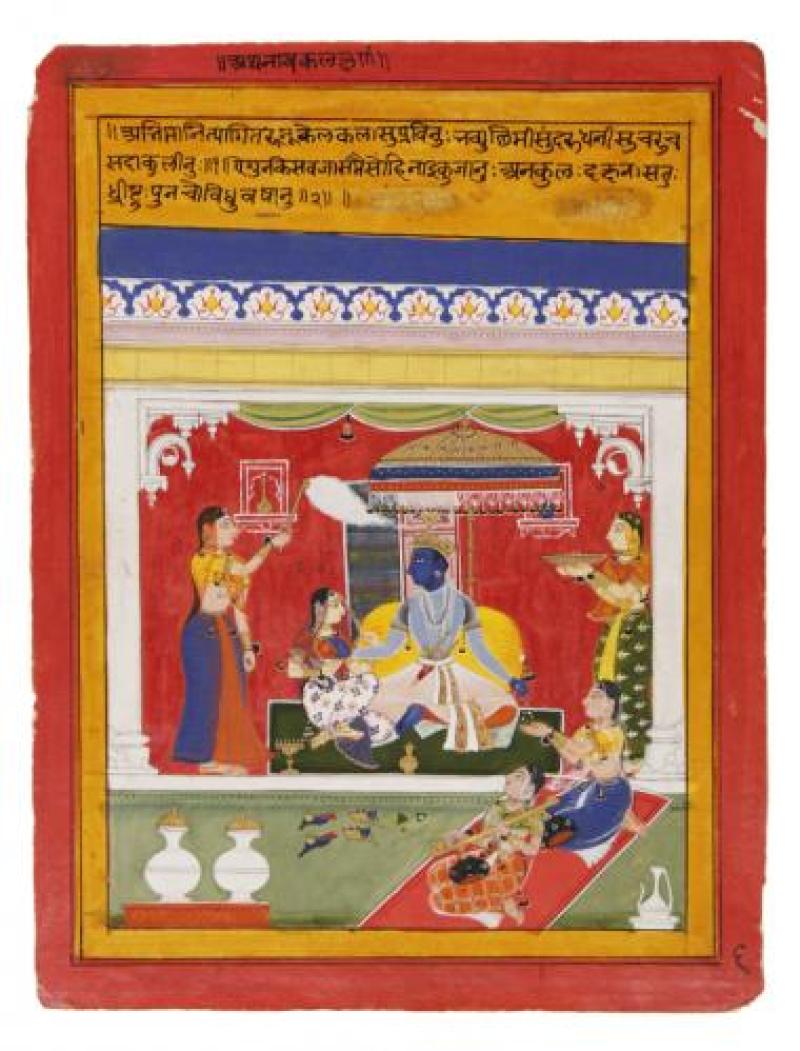 Leaf from the “Rasikapriya” of Keshav Das, “Krishna as the Hidden, Deceitful Lover.” Ascribed to Mahmud, son of Murad Bikaner, dated VS 1886/1749 CE. Opaque color, gold, and silver on paper. Gift of Neville and Donna Mobarakai.