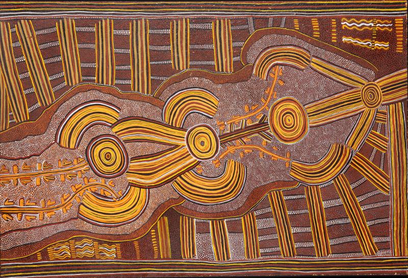Mick Namarari Tjapaltjarri, Kangaroo Man Ancestor and Bush Tucker Dreaming at Walukaritji, c. 1973, acrylic on board, 87 x 58 cm. ©2016 Aboriginal Artists Agency Ltd, Australia.