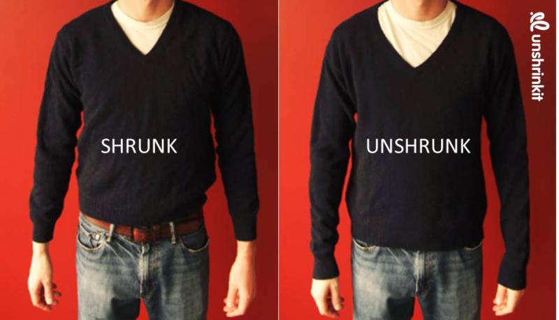 A before-and-after look at a sweater that was shrunk by accident and then treated with Unshrinkit. - See more at: https://news.virginia.edu/content/uva-alumna-shares-new-success-after-surviving-shark-tank#sthash.NNSTCxnp.dpuf