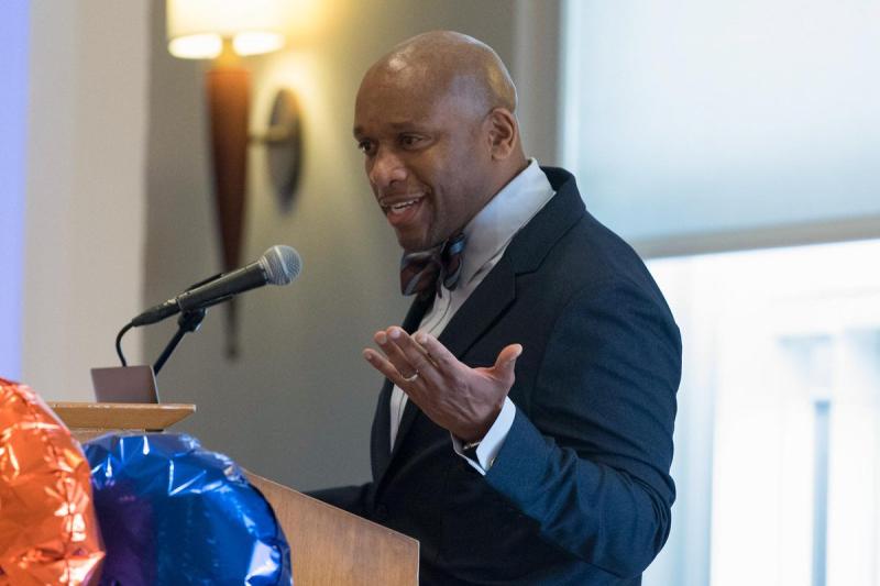 Kevin McDonald, UVA’s vice president for diversity, equity and inclusion, gave welcome remarks to the Hoos First Look students in the ballroom in Newcomb Hall.
