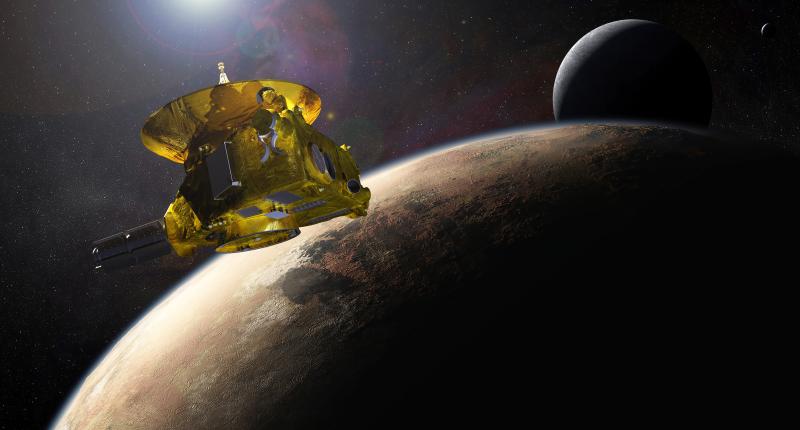 Artist’s conception of the New Horizons spacecraft as it passes by Pluto and its largest moon, Charon.