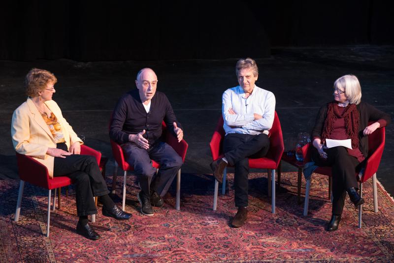 Marva Barnett and Colleen Kelly, chair of the Dept. of Drama, onstage with UVA artists-in-residence Claude-Michel Schönberg and Alain Boublil