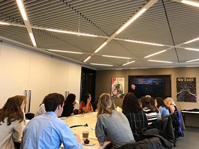 David Remnick, editor of the New Yorker, discusses the next issue's cover with the media studies students on January 12.