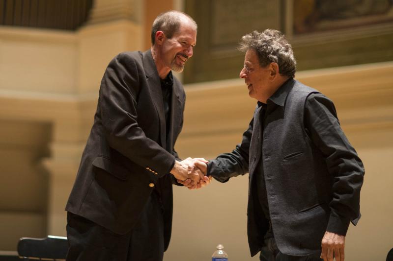 Composer Philip Glass with Richard Will, Associate Professor and Chair, Dept. of Music