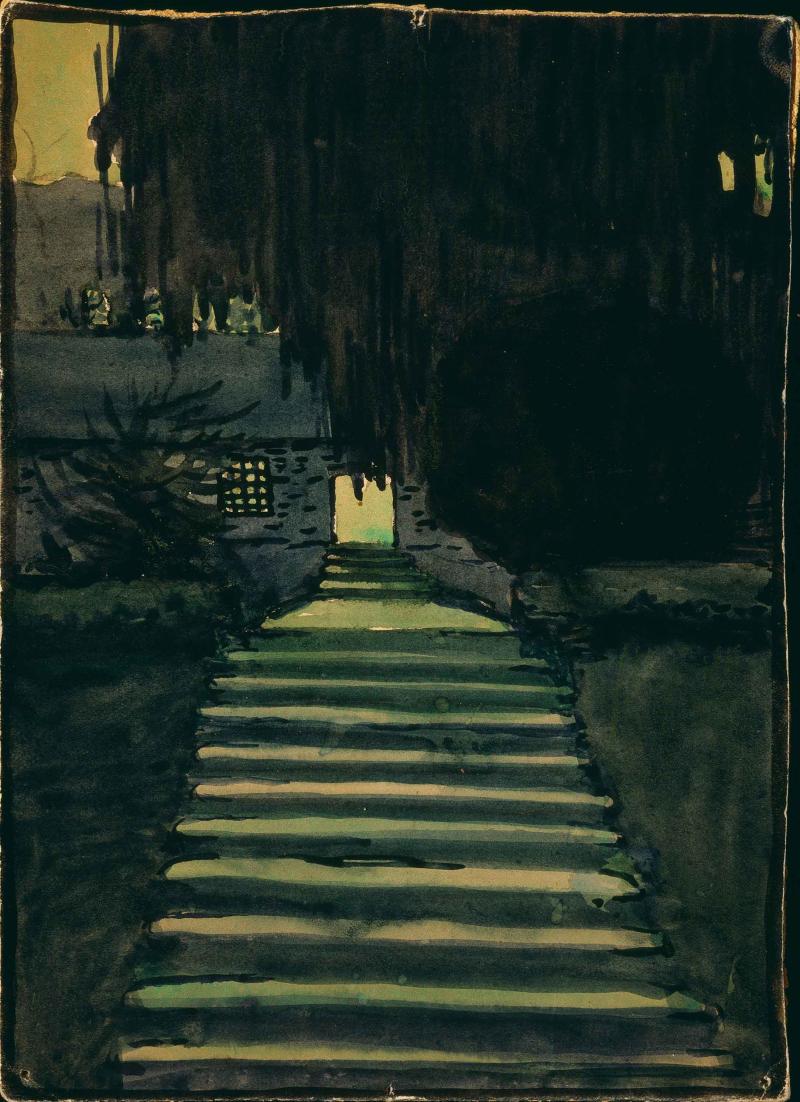 A view of the approach to the West Lawn. Untitled (West Lawn - University of Virginia), 1912-1914, Georgia O’Keeffe, Watercolor on paper
9 x 11 7/8 (22.86 x 30.16)