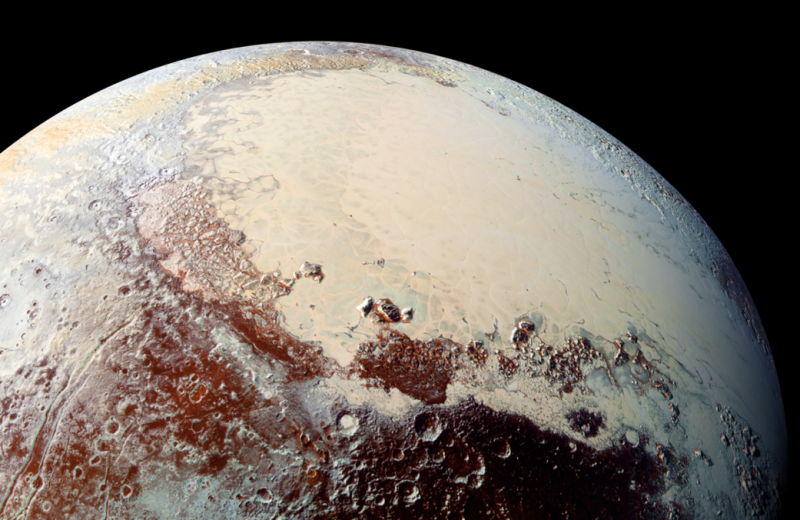 This view from New Horizons combines blue, red and infrared images. The bright expanse is the western lobe of the “heart,” informally called Sputnik Planum, which has been found to be rich in nitrogen, carbon monoxide and methane ices.