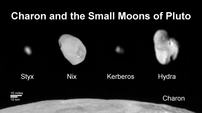 This composite image shows a sliver of Pluto’s large moon, Charon, and all four of Pluto’s small moons. Charon is by far the largest, with a diameter of 750 miles.  