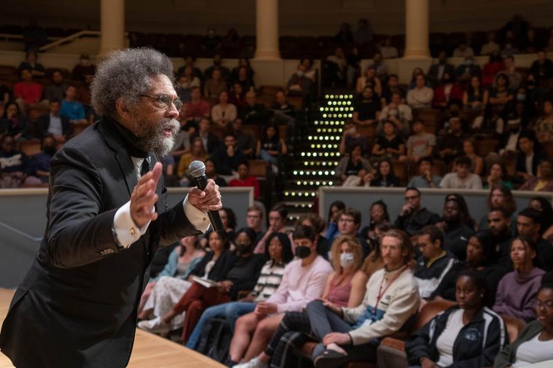 Cornel West encouraged students to live fully examined lives and to act with integrity and courage. (Photos by Sanjay Suchak, University Communications)