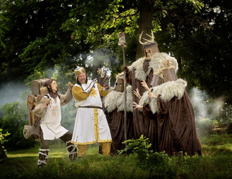 Patsy (Patrick Rosé, left) and King Arthur (Gregg Lloyd, right) come upon the Knights of Ni in U.Va.’s Heritage Theatre Festival production of international hit comedy “Monty Python’s Spamalot.”
